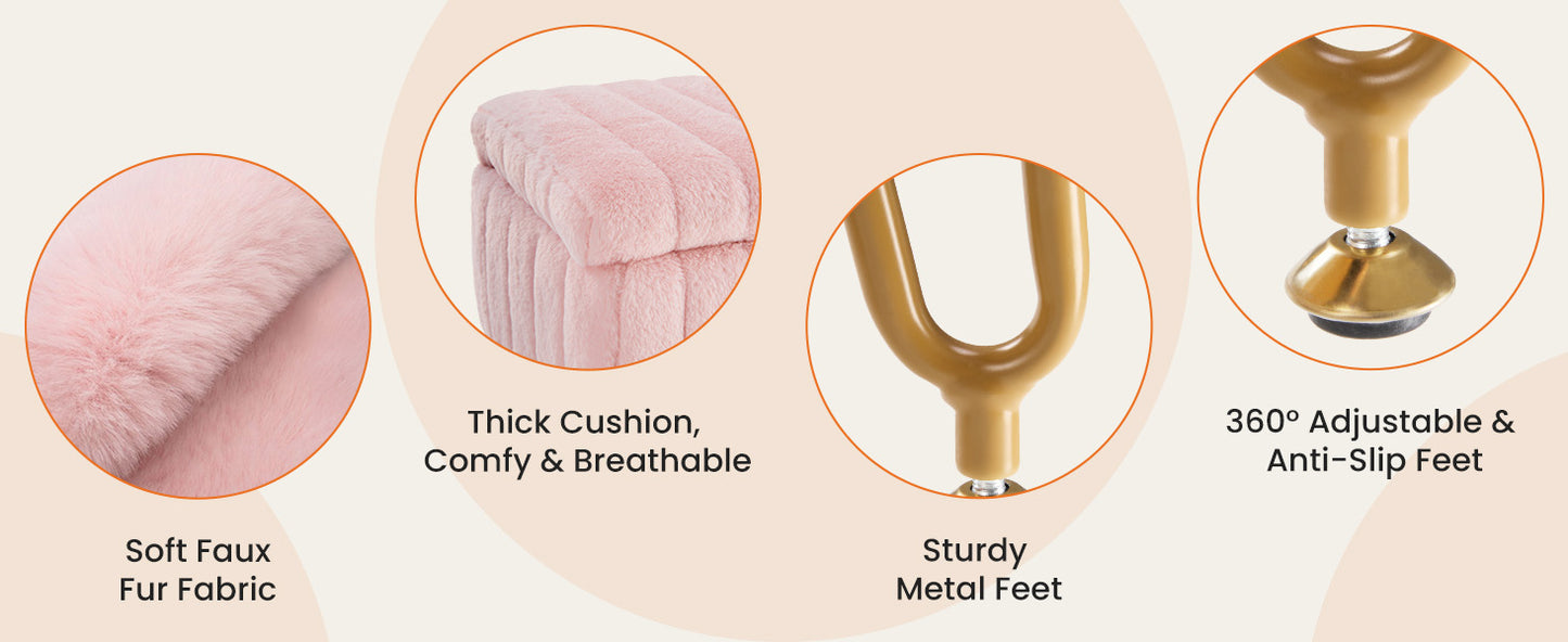 Vanity Stool Chair with Storage, 18.9”H x 16”L x 12.2”W Ottoman Chair Faux Fur Soft Padded Makeup Footstools Seat with 4 Metal Legs Anti-Slip Adjustable Feet for Make Up, Pink
