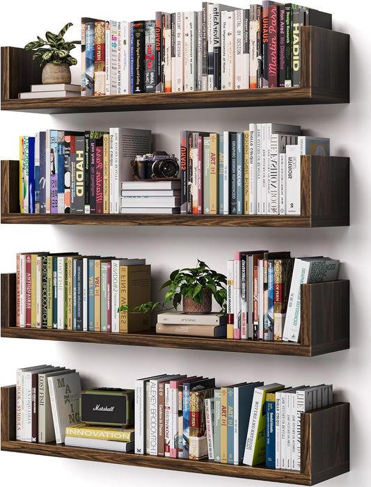 Wall Bookshelf, Set of 4, U Shaped Floating Bookshelf, Hanging Bookshelves for Wall, Wall Mounted Shelves for Living Room Bedroom Office (Brown, 17 Inches, 4)
