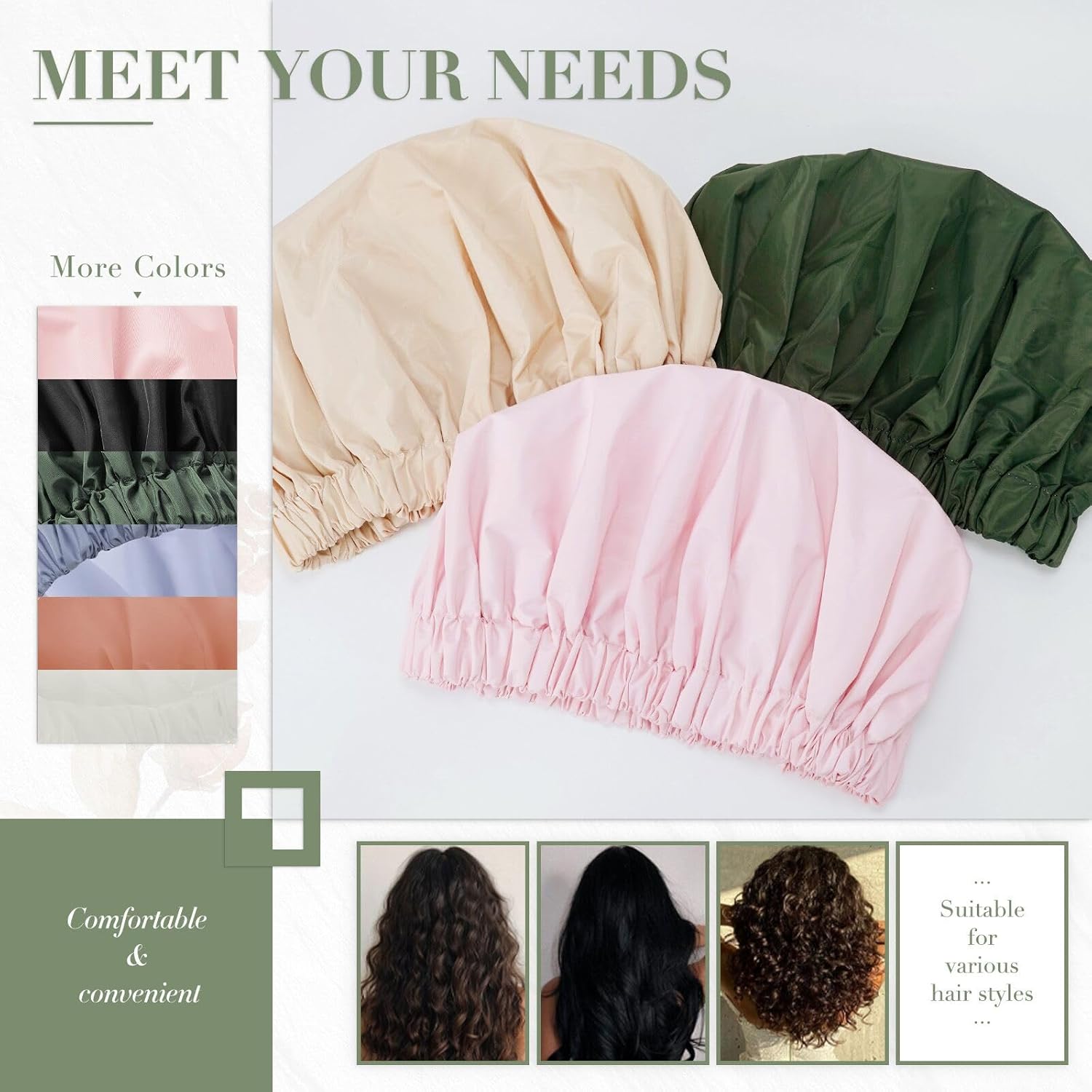 Reusable Shower Cap for Women, Large Waterproof Shower Bonnet Washable Elastic Band Bath Hair Hat for Long Hair, Braids(Green)