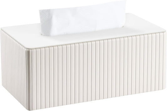 KINGFOM PU Leather Tissue Box Cover Rectangular Tissue Box Holder with Magnetic Bottom, Napkin & Facial Tissue Holder Dispenser for Home, Office for Standard 120-count/160-count (2-Ply) White Stripe