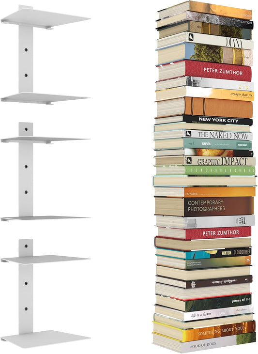 Mefirt Invisible Floating Bookshelves for Wall, 6 Tier Vertical Spine Book Tower, Heavy Duty Floating Book Shelves Metal Book Organizers for Home Office, 3 Pack(White)
