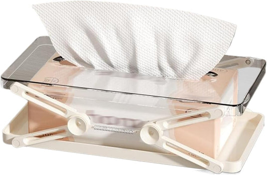 Adjustable Tissue Box with Spring Mechanism - Multipurpose Storage for Bedroom, Kitchen, Desktop, and Living Room (White)