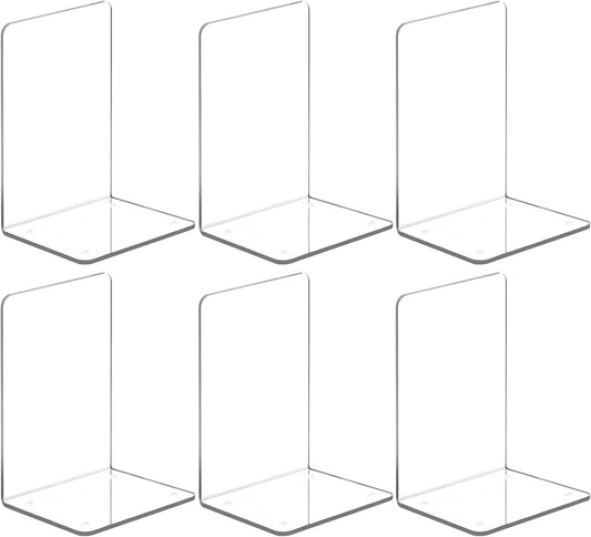 VFINE Acrylic Bookends 6 Pieces, Clear Book Ends for Shelves, Book Holders for Shelves, Transparent Book Dividers for Shelves, Stylish Book Stopper Organizer for Home Office Desktop Supplies