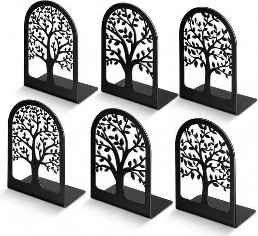 HappyHapi Book Ends, Metal Bookends for Shelves Decorative, Tree Stopper for Heavy Books, Black Ends to Hold Books for Home Office, 6.5 X 4.7 X 3.5 Inch(3 Pairs/6 Pcs, Large)