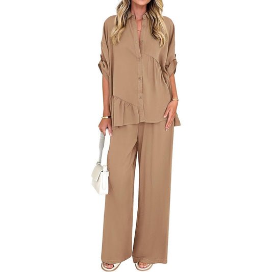 KIRUNDO Two Piece Sets for Women Spring Outfits 2026 Summer Fall Dressy Casual Button Down Shirt Wide Leg Pants Lounge Set
