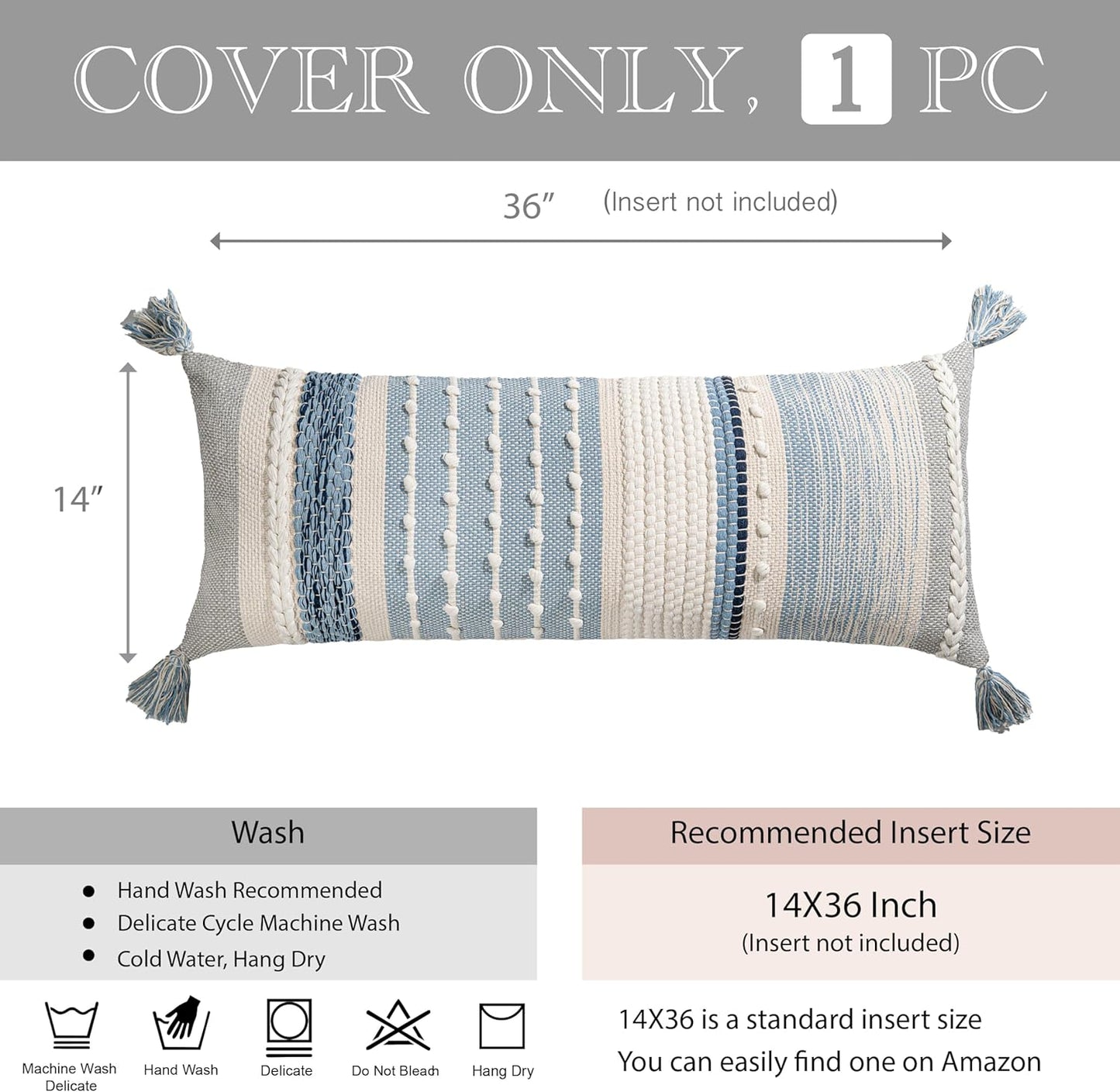 BlissBlush Coastal Blue Decorative Lumbar Pillow Cover 14x36 Boho Long Body Pillow for Bed Farmhouse Lumbar Throw Pillow for Couch Modern Accent Textured Throw Pillowcase