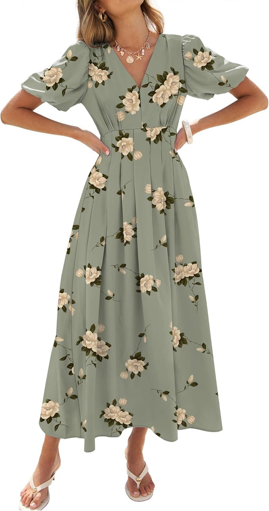 Caracilia Women’s Floral Maxi Dress,Spring Wedding Guest Formal Party,V Neck Puff Sleeve Full Lined,Summer Casual Dresses