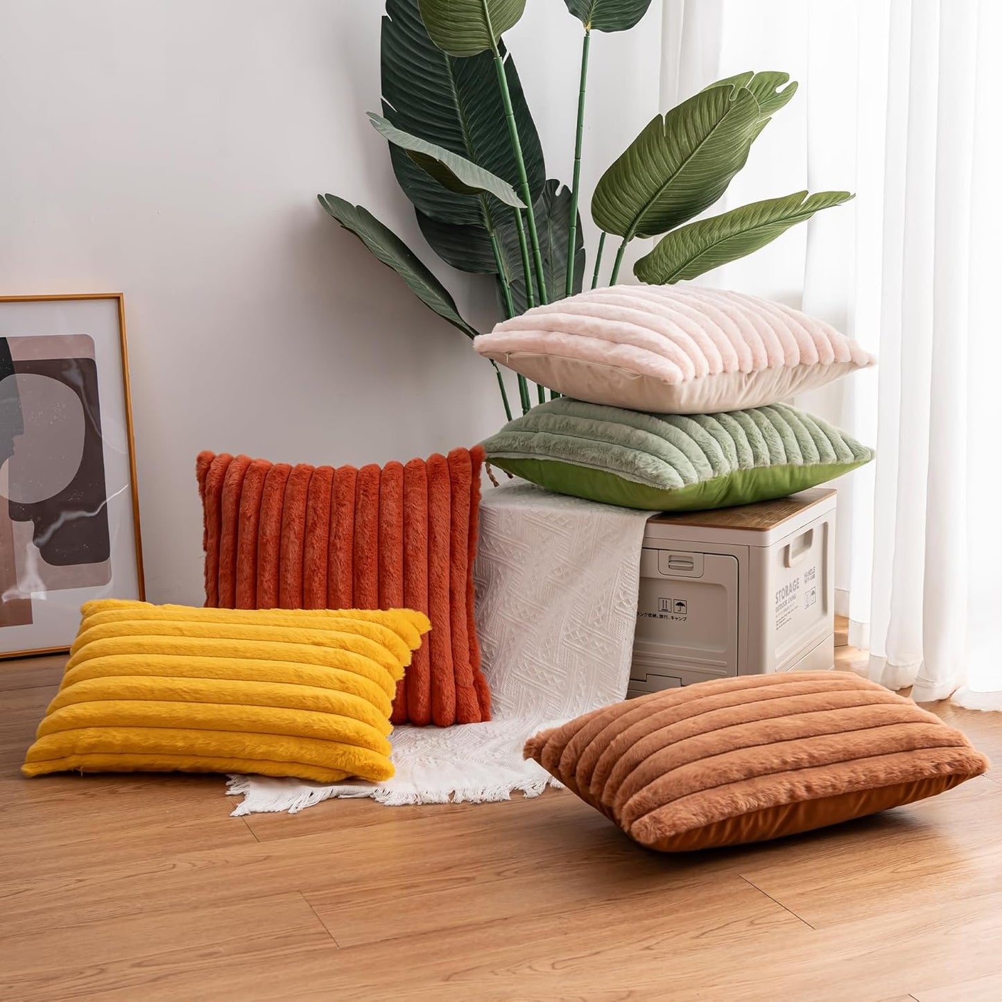 Pack of 2 Faux Fur Christmas Throw Pillow Covers 18x18 Inch, Soft Plush Striped Neutral Couch Pillow Cover, with Velvet Back Modern Home Decor for Sofa Living Room Couch Bed Cream White