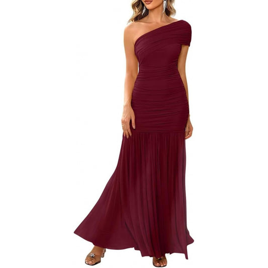 LAGSHIAN Women's Elegant Formal Long Dress One Shoulder Sleeveless Ruched Bodycon Evening Dress