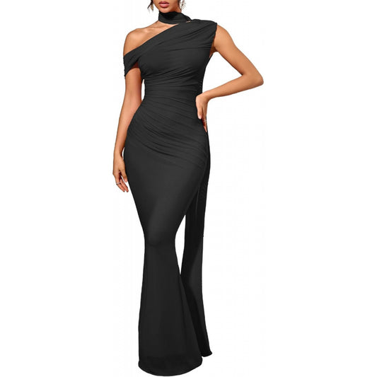 Isolde Women's One Shoulder Formal Evening Gown Built-in Bra Ribbon Elegant Bodycon Mesh Ruched Maxi Dress