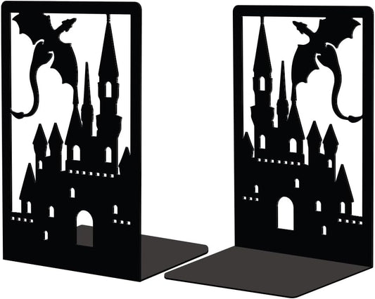 Peacoblue Metal Bookends for Shelves Room Decorative, Creative Heavy Duty Study Bookends Stoppers Holder Stand for Desk Shelf 4.7"x3.5"x7" Book Ends to Support Books, 1 Pair(Dragon Castle)