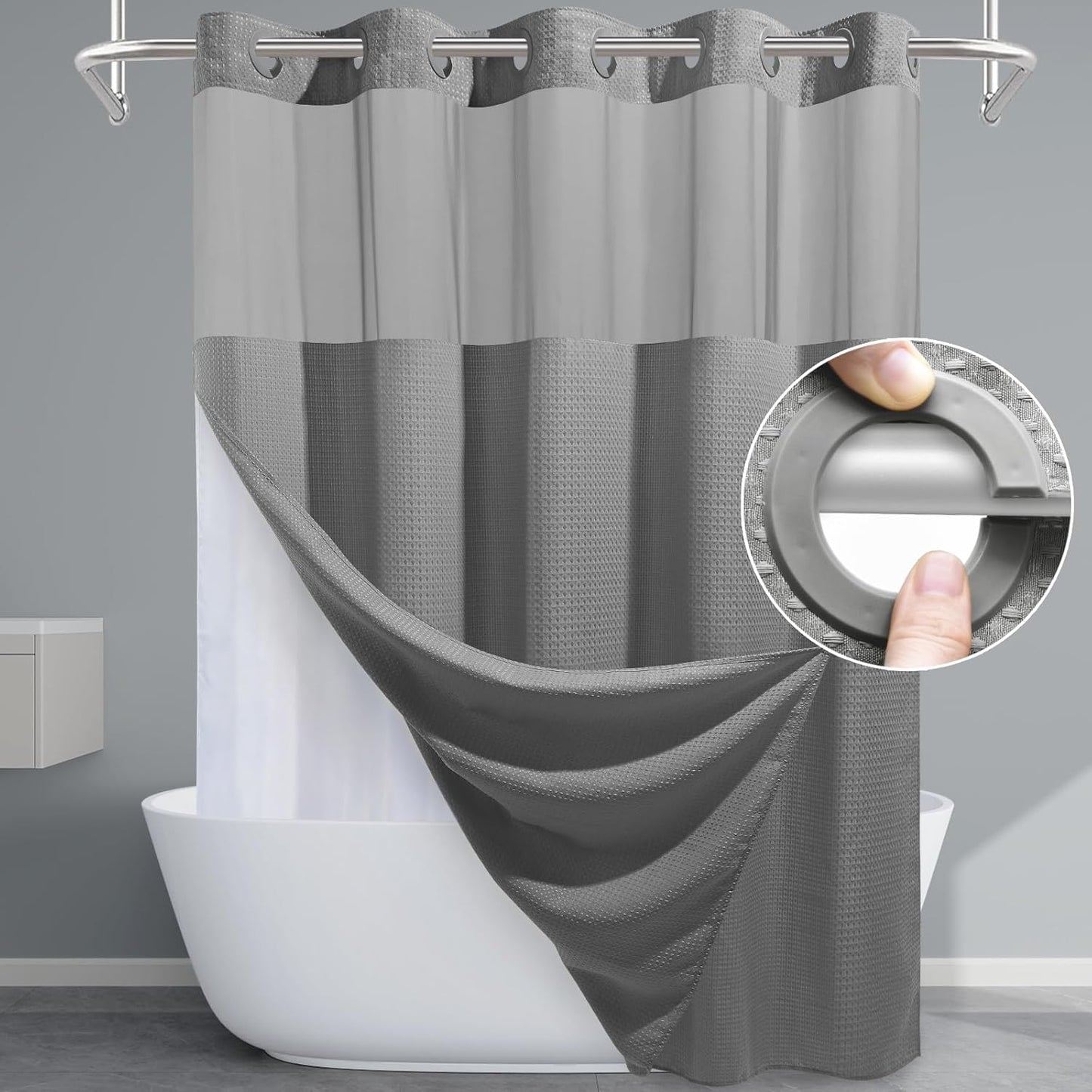 Grey Shower Curtain and Liner Set - 230GSM Waffle Weave Textured Heavy Duty,Hotel Luxury Weighted Bath Curtain,71W x 74H
