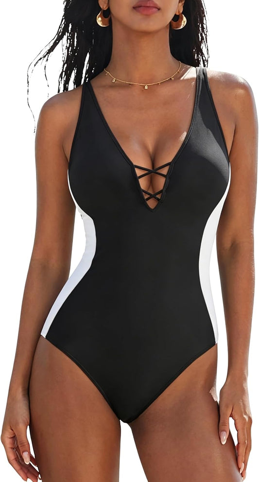 SUUKSESS Womens One Piece Tummy Control Swimsuit Crisscross Back Bathing Suits