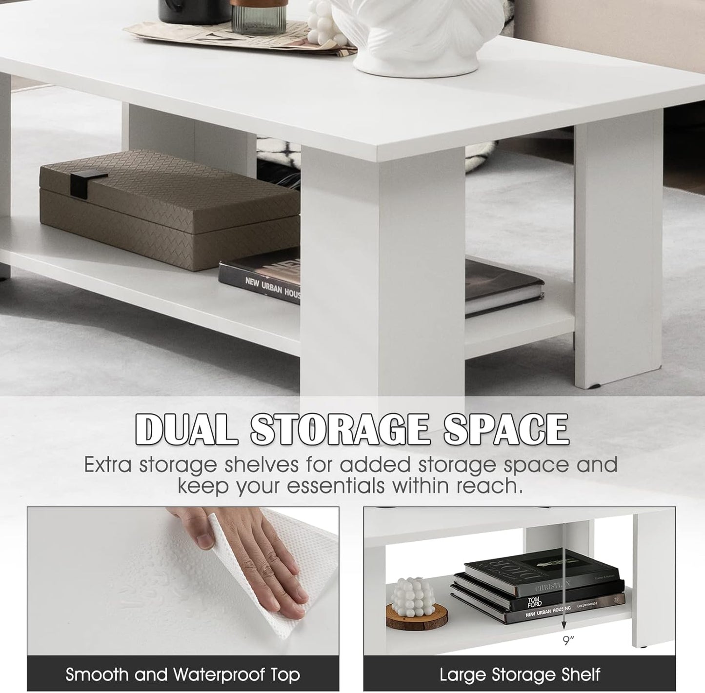 Giantex Rectangle Wood Center Table, 41" L 2-Tier Small Modern Tea Table w/Open Compartment, Easy Assembly, Accent Coffee Table for Living Room, Reception Room, White
