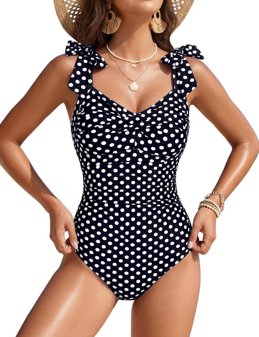 Blooming Jelly Women's One Piece Swimsuits Tummy Control Bathing Suit Tie Shoulder Front Cross Push Up Ruched Swimwear