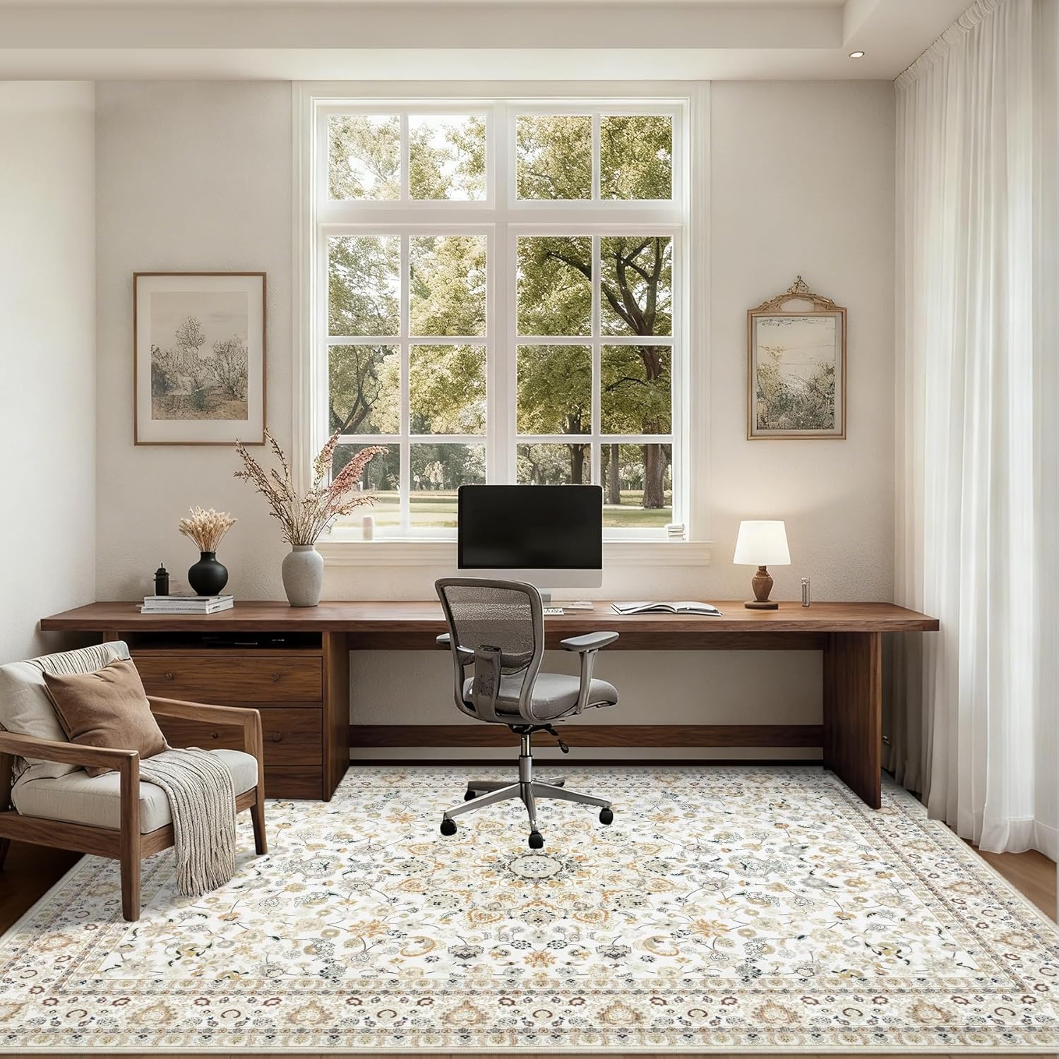 5x7 Area Rugs Living Room Rug: Washable Vintage Boho Rug No Slip Stain Resistant Soft Carpet Indoor Floor Floral Large Carpets for Bedroom Dining Room Farmhouse Nursery Hallway Home Office Beige
