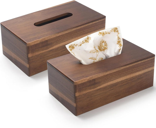 Tissue Box Cover Rectangle, Wood Tissue Box Holder, Wooden Facial Paper Holder for Bathroom, Bedroom, Dinner Table, Office (2 Pack, 9.8 x 5.5 x 3.7 inch)