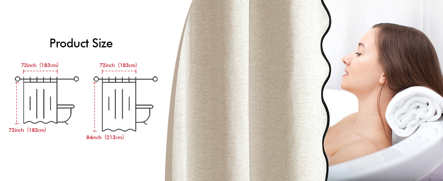 Beige Scalloped Shower Curtain Linen Textured with 12 Metal Hooks Cute Heavy Duty Washable Waterproof Neutral Thick Cloth Shower Curtains with Black Border for Bathroom Bathtub,W72*L72 Cream