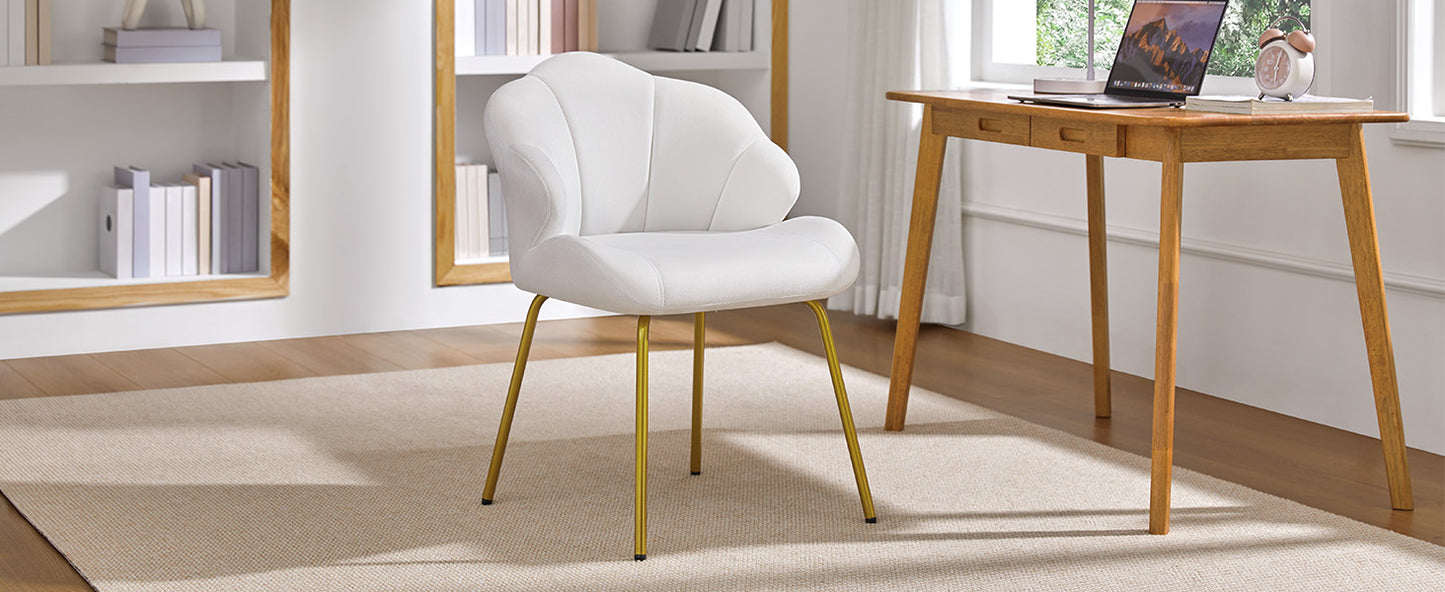 Vanity Chair, Velvet Accent Chair with Shell-Shaped Backrest, Modern Armchair with Gold Metal Legs for Dressing Room/Bedroom/Living Room, White