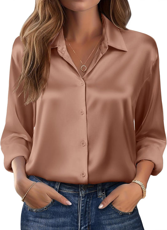 Zeagoo Womens Tops Long Sleeve Satin Silk Button Down Shirts Casual Business Dressy Blouses Fall Clothes