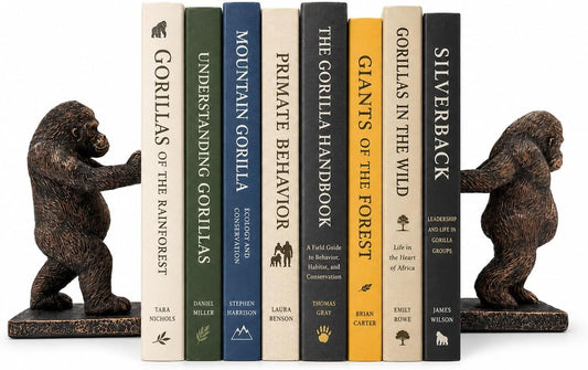 2-Pack Bronze Resin Gorilla Bookends, Realistic Heavy Animal Gorilla Sculpture Decorative Book Ends for Shelves Office Desk, Study Room, Living Room Shelf Decor, Book Lovers Gifts (Gorilla)