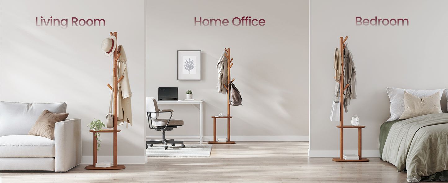 Coat Rack, Free Standing Coat Stand, Hall Coat Tree with 8 Hooks and Storage Shelf, 67.2 Inch Tall, for Coats, Hats, Bags, for Entryway, Hallway, Bedroom, Caramel Brown URCR040K01