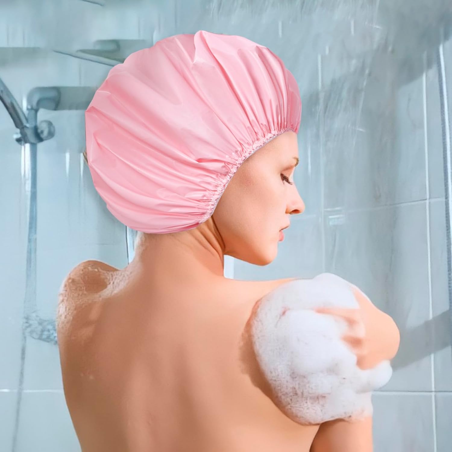 6 PCS Shower Caps for Women, Double Side Waterproof Shower Cap, Reusable Elastic Bath Caps for Shower, EVA Bathing Shower Caps, Bath Hair Caps - Candy Color