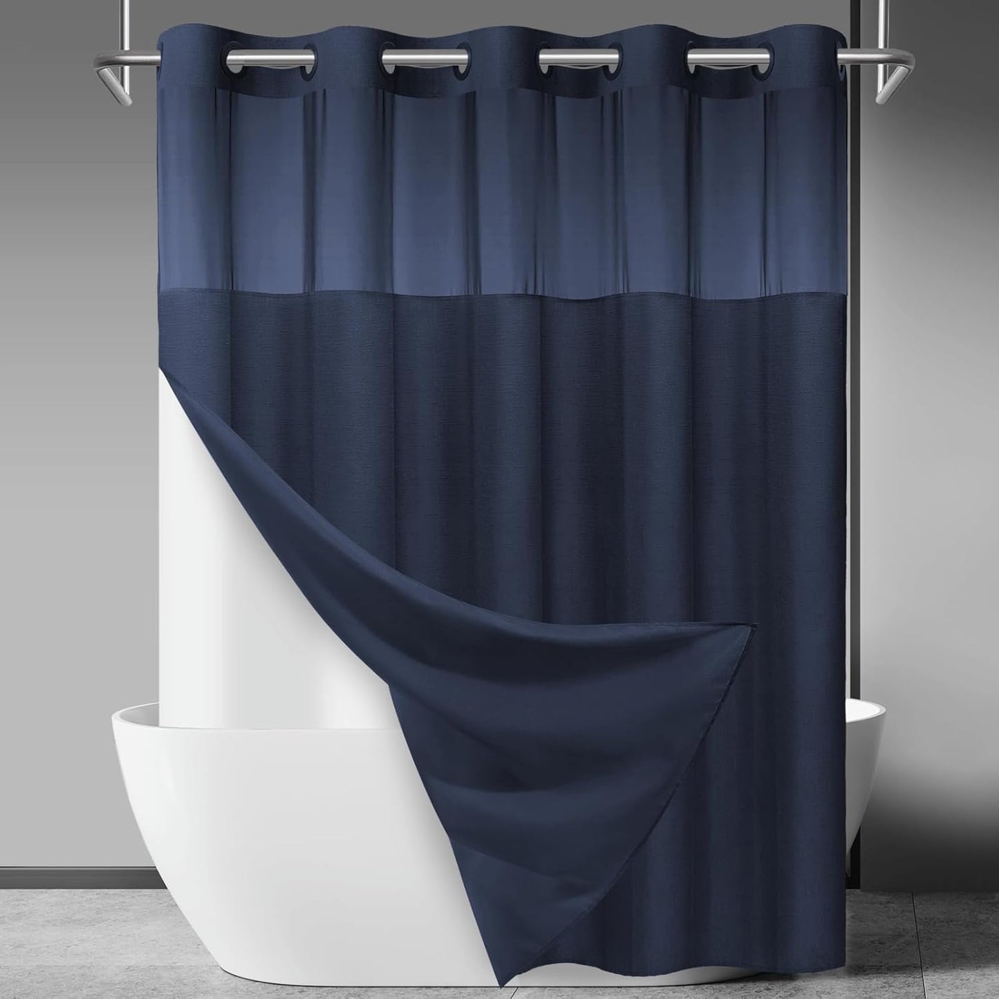 No Hook Slub Textured Shower Curtain with Snap in Liner - Black Fabric Outer Curtain & Waterproof Inner Liner, Hotel Style with See Through Top Window, 71x74 in