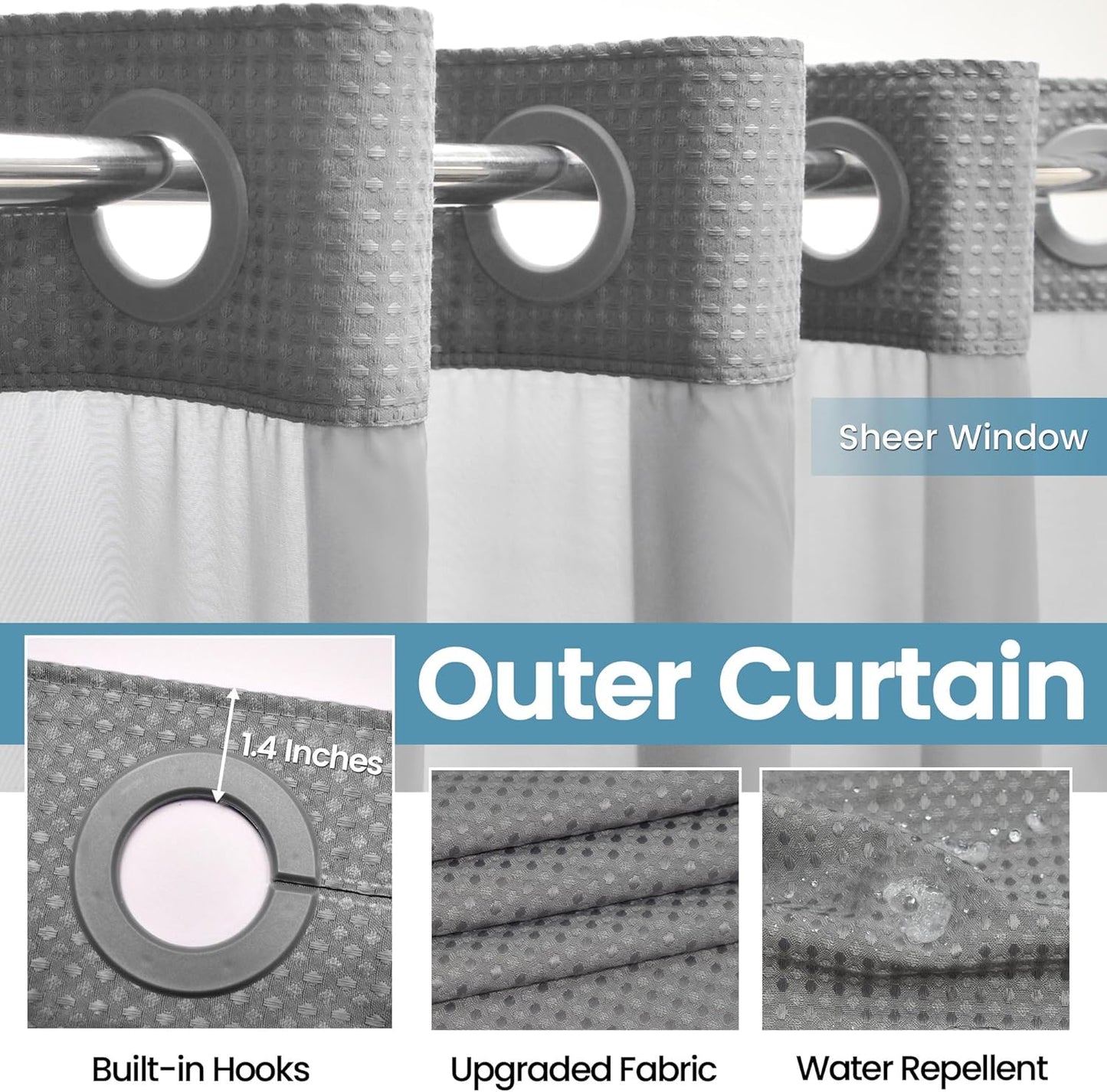 Grey Shower Curtain and Liner Set - 230GSM Waffle Weave Textured Heavy Duty,Hotel Luxury Weighted Bath Curtain,71W x 74H