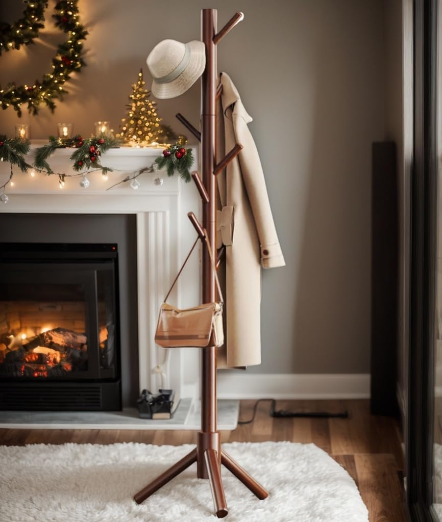 Sturdy Wooden Coat Tree with 8 Hooks, 3 Adjustable Sizes for Clothes, Hat Stand Used in Bedroom/Office/Entryway, Brown
