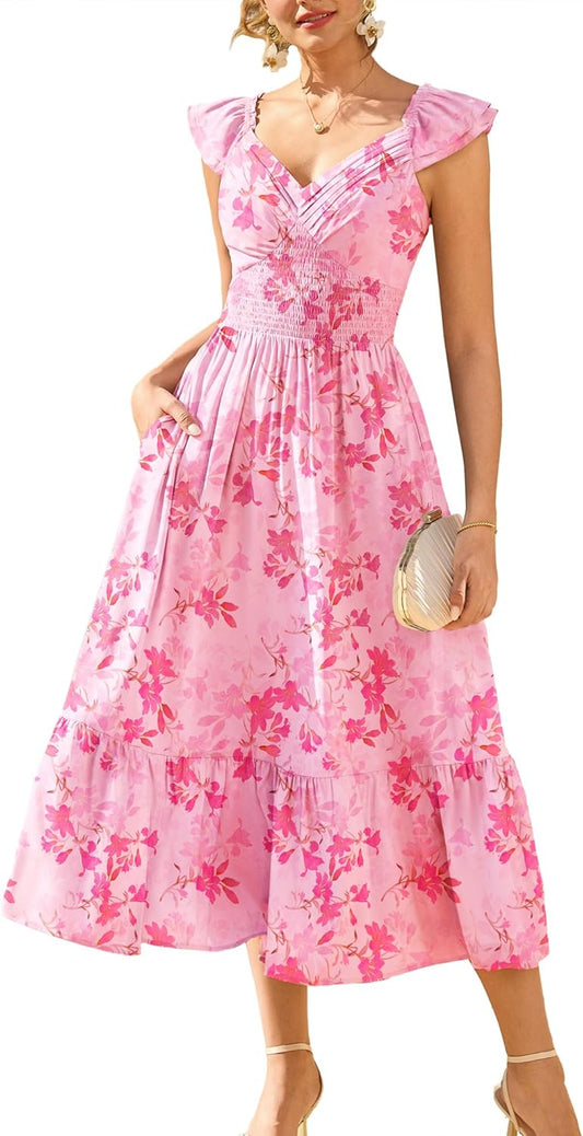 GRACE KARIN Women's Summer Floral Maxi Dress 2026 Ruffle Sleeve Smocked Sundress Flowy Wedding Guest Long Dresses with Pocket