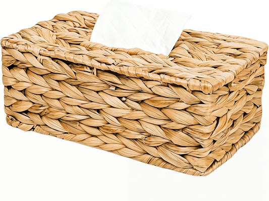 YWXWY Water Hyacinth Tissue Box Cover, Natural Wicker Woven Facial Tissue Holder, Napkin Box, Hand Woven Storage Box for Bathroom Living Room Toilet Desk Table Home Office Car (Rectangle)
