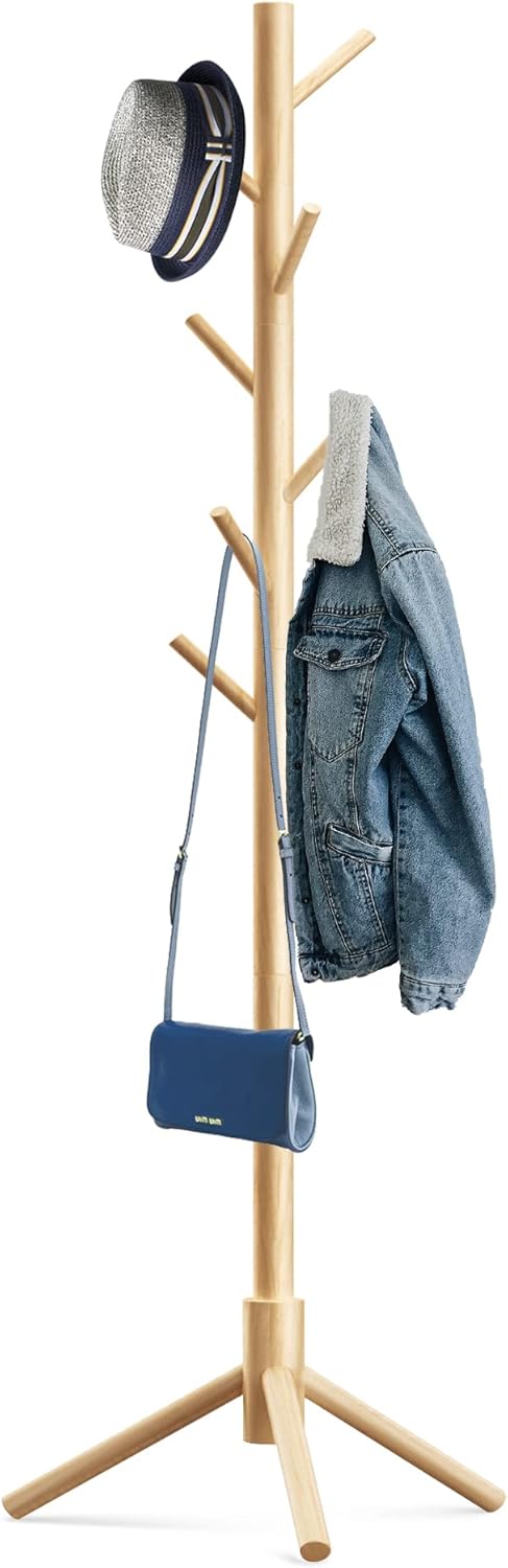 Wooden Tree Coat Rack Stand,Sturdy Freestanding Coat Rack with 8 Hooks,3 Adjustable Height for Child Adult,Wood Coat Stand Tree Fits Entryway Bedroom Office for Bags,Hats