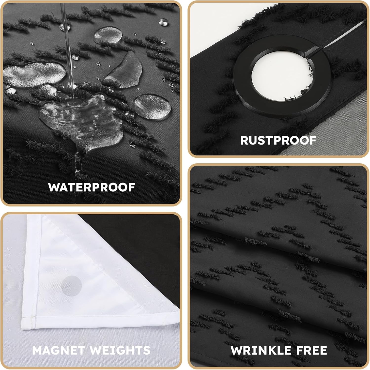 No Hook Shower Curtain and Liner Set, Black Snap in Shower Curtain Ringless Chevron Tufted Cloth Waterproof Washable Fabric Bath Curtain with See Through Top Window for Bathroom Hotel 71" x 74"