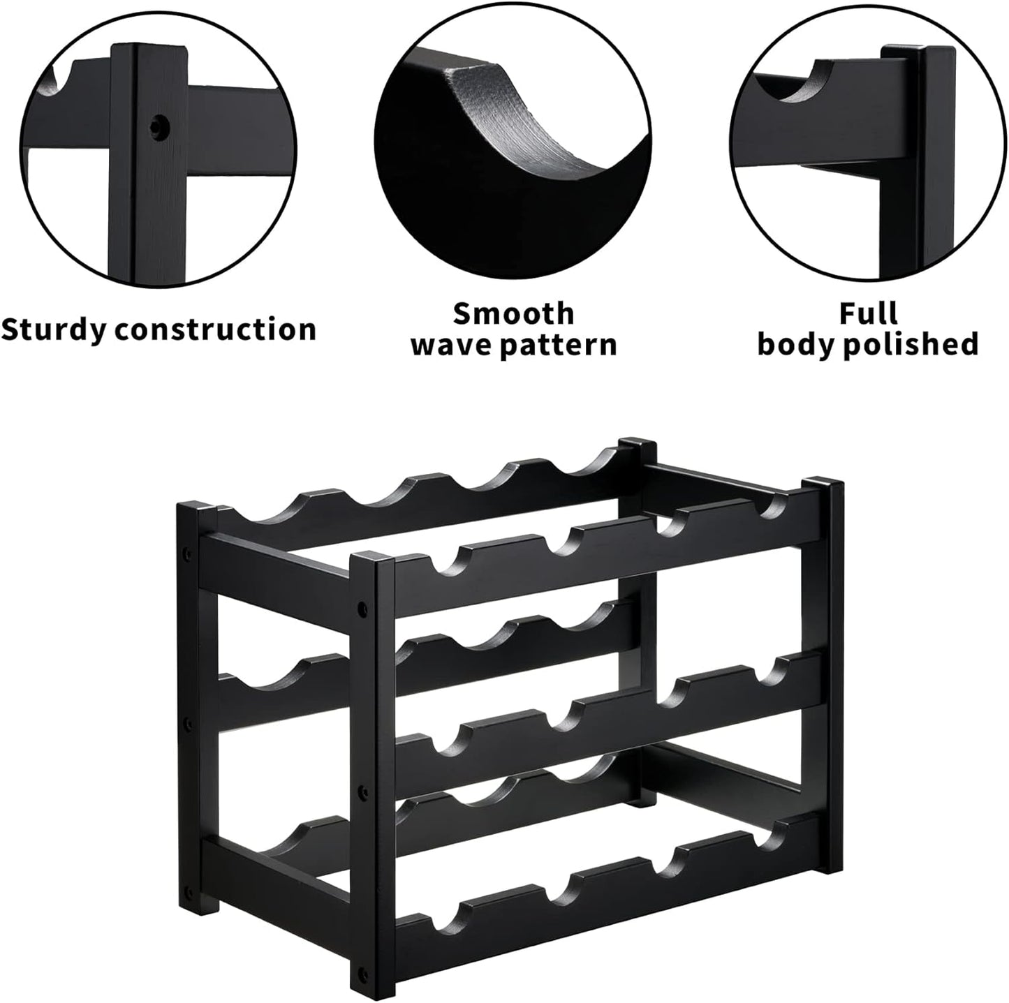 Bamboo Wine Rack, Sturdy and Durable Wine Storage Cabinet Shelf, Wine Racks Countertop for Pantry,Kitchen,3-Tier 12 Bottles Wine Rack Black